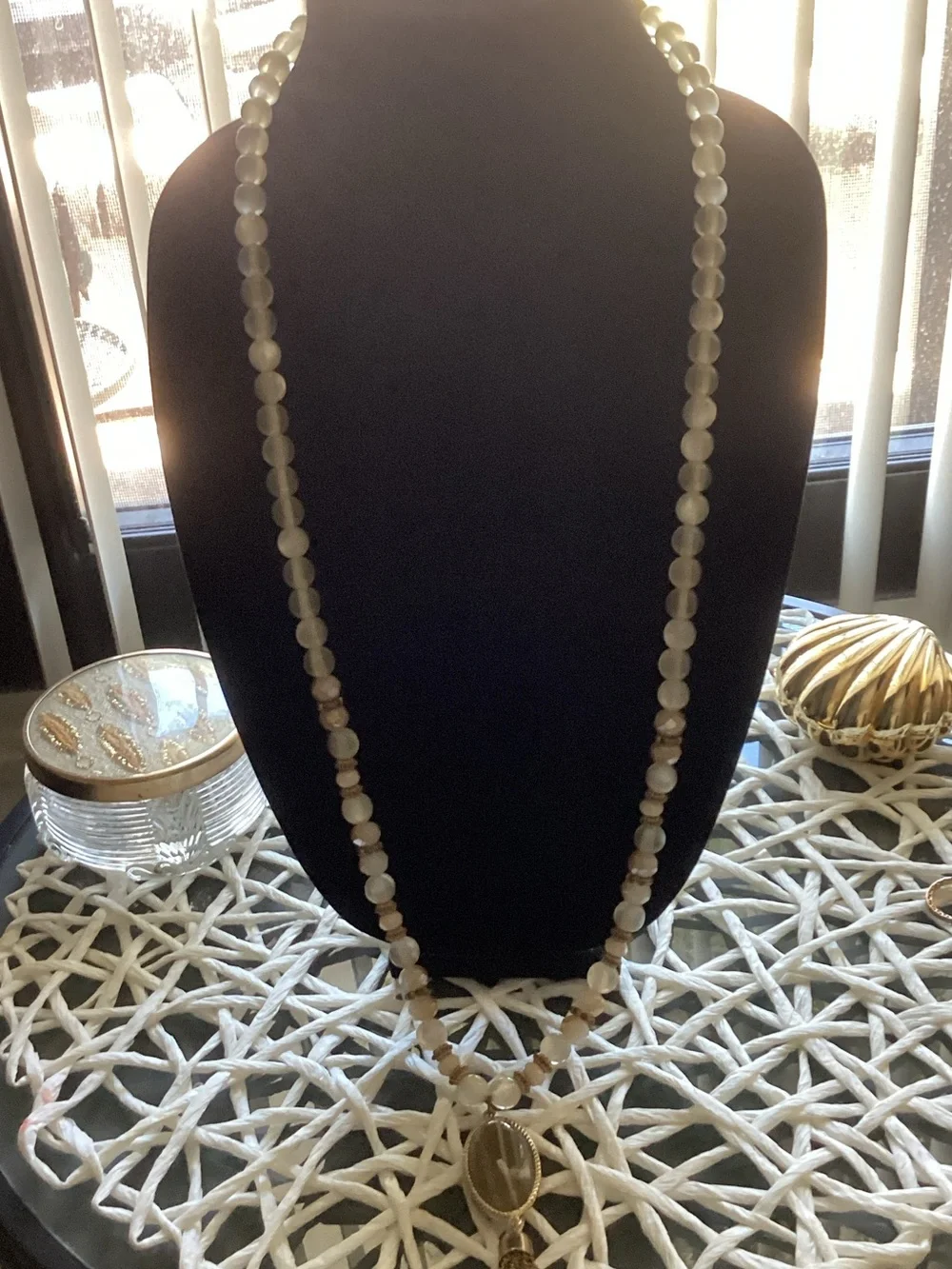 Gold-Tone Beaded Necklace with Cream Beads & Tassel